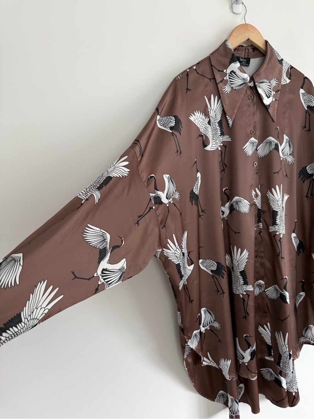 Dressed in Lala Posh Satin Shirt in Eternal Youth Cranes - Picture 10 of 13